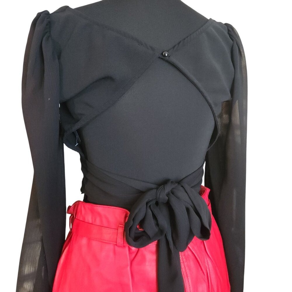 Lulus Black Sweetheart Crop Top Sheer Long Sleeve Open Back Tie XS Small NWOT - Picture 3 of 6